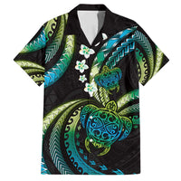 Hawaii Turtles Plumeria Family Matching Off Shoulder Short Dress and Hawaiian Shirt Chartreuse Cyan Polynesian Pattern