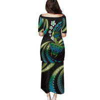 Hawaii Turtles Plumeria Family Matching Puletasi and Hawaiian Shirt Chartreuse Cyan Polynesian Pattern