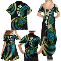 Hawaii Turtles Plumeria Family Matching Summer Maxi Dress and Hawaiian Shirt Chartreuse Cyan Polynesian Pattern