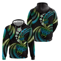 Hawaii Turtles Plumeria Hoodie Chartreuse Cyan Polynesian Pattern