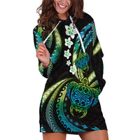 Hawaii Turtles Plumeria Hoodie Dress Chartreuse Cyan Polynesian Pattern