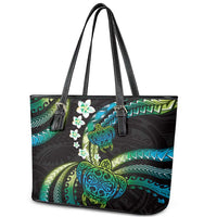Hawaii Turtles Plumeria Leather Tote Bag Chartreuse Cyan Polynesian Pattern