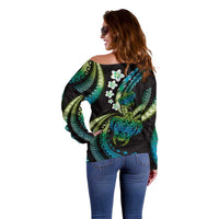 Hawaii Turtles Plumeria Off Shoulder Sweater Chartreuse Cyan Polynesian Pattern