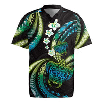 Hawaii Turtles Plumeria Rugby Jersey Chartreuse Cyan Polynesian Pattern