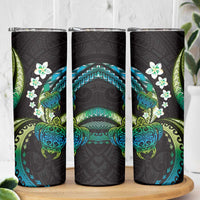Hawaii Turtles Plumeria Skinny Tumbler Chartreuse Cyan Polynesian Pattern