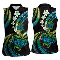 Hawaii Turtles Plumeria Women Sleeveless Polo Shirt Chartreuse Cyan Polynesian Pattern