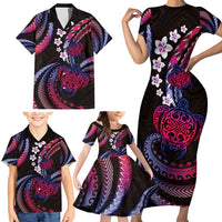 Hawaii Turtles Plumeria Family Matching Short Sleeve Bodycon Dress and Hawaiian Shirt Sweet Gradient Polynesian Pattern