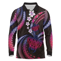 Hawaii Turtles Plumeria Long Sleeve Polo Shirt Sweet Gradient Polynesian Pattern