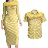 Hawaii Palaka Pikake Lokelani Plumeria Couples Matching Long Sleeve Bodycon Dress and Hawaiian Shirt Melemele Coquette Bow LT01 Yellow - Polynesian Pride