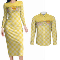 Hawaii Palaka Pikake Lokelani Plumeria Couples Matching Long Sleeve Bodycon Dress and Long Sleeve Button Shirt Melemele Coquette Bow LT01 Yellow - Polynesian Pride
