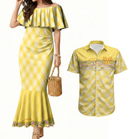Hawaii Palaka Pikake Lokelani Plumeria Couples Matching Mermaid Dress and Hawaiian Shirt Melemele Coquette Bow LT01 Yellow - Polynesian Pride