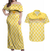 Hawaii Palaka Pikake Lokelani Plumeria Couples Matching Off Shoulder Maxi Dress and Hawaiian Shirt Melemele Coquette Bow