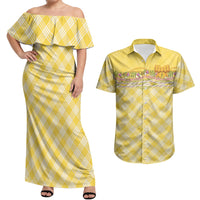 Hawaii Palaka Pikake Lokelani Plumeria Couples Matching Off Shoulder Maxi Dress and Hawaiian Shirt Melemele Coquette Bow LT01 Yellow - Polynesian Pride