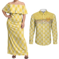 Hawaii Palaka Pikake Lokelani Plumeria Couples Matching Off Shoulder Maxi Dress and Long Sleeve Button Shirt Melemele Coquette Bow LT01 Yellow - Polynesian Pride