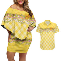 Hawaii Palaka Pikake Lokelani Plumeria Couples Matching Off Shoulder Short Dress and Hawaiian Shirt Melemele Coquette Bow