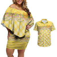 Hawaii Palaka Pikake Lokelani Plumeria Couples Matching Off Shoulder Short Dress and Hawaiian Shirt Melemele Coquette Bow LT01 Yellow - Polynesian Pride