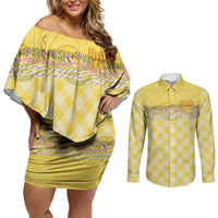 Hawaii Palaka Pikake Lokelani Plumeria Couples Matching Off Shoulder Short Dress and Long Sleeve Button Shirt Melemele Coquette Bow LT01 Yellow - Polynesian Pride