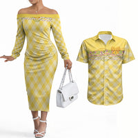 Hawaii Palaka Pikake Lokelani Plumeria Couples Matching Off The Shoulder Long Sleeve Dress and Hawaiian Shirt Melemele Coquette Bow LT01 Yellow - Polynesian Pride