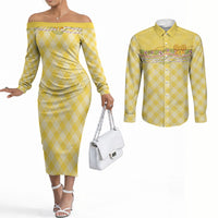 Hawaii Palaka Pikake Lokelani Plumeria Couples Matching Off The Shoulder Long Sleeve Dress and Long Sleeve Button Shirt Melemele Coquette Bow LT01 Yellow - Polynesian Pride