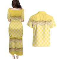 Hawaii Palaka Pikake Lokelani Plumeria Couples Matching Puletasi and Hawaiian Shirt Melemele Coquette Bow