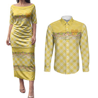 Hawaii Palaka Pikake Lokelani Plumeria Couples Matching Puletasi and Long Sleeve Button Shirt Melemele Coquette Bow LT01 Yellow - Polynesian Pride