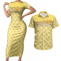 Hawaii Palaka Pikake Lokelani Plumeria Couples Matching Short Sleeve Bodycon Dress and Hawaiian Shirt Melemele Coquette Bow LT01 Yellow - Polynesian Pride