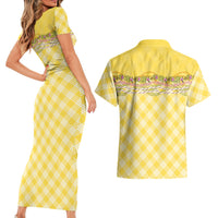 Hawaii Palaka Pikake Lokelani Plumeria Couples Matching Short Sleeve Bodycon Dress and Hawaiian Shirt Melemele Coquette Bow