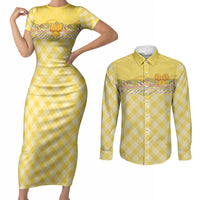 Hawaii Palaka Pikake Lokelani Plumeria Couples Matching Short Sleeve Bodycon Dress and Long Sleeve Button Shirt Melemele Coquette Bow LT01 Yellow - Polynesian Pride