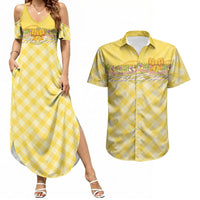 Hawaii Palaka Pikake Lokelani Plumeria Couples Matching Summer Maxi Dress and Hawaiian Shirt Melemele Coquette Bow LT01 Yellow - Polynesian Pride