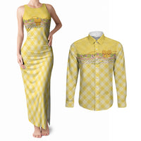 Hawaii Palaka Pikake Lokelani Plumeria Couples Matching Tank Maxi Dress and Long Sleeve Button Shirt Melemele Coquette Bow LT01 Yellow - Polynesian Pride