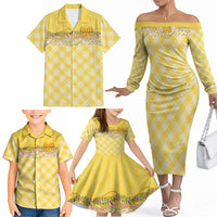 Hawaii Palaka Pikake Lokelani Plumeria Family Matching Off The Shoulder Long Sleeve Dress and Hawaiian Shirt Melemele Coquette Bow LT01 - Polynesian Pride