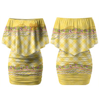 Hawaii Palaka Pikake Lokelani Plumeria Family Matching Off Shoulder Short Dress and Hawaiian Shirt Melemele Coquette Bow LT01 Mom's Dress Yellow - Polynesian Pride