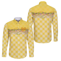 Hawaii Palaka Pikake Lokelani Plumeria Family Matching Off Shoulder Short Dress and Hawaiian Shirt Melemele Coquette Bow LT01 Dad's Shirt - Long Sleeve Yellow - Polynesian Pride