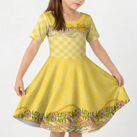 Hawaii Palaka Pikake Lokelani Plumeria Kid Short Sleeve Dress Melemele Coquette Bow LT01 KID Yellow - Polynesian Pride