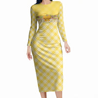 Hawaii Palaka Pikake Lokelani Plumeria Long Sleeve Bodycon Dress Melemele Coquette Bow LT01 Long Dress Yellow - Polynesian Pride