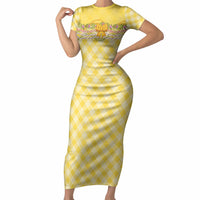 Hawaii Palaka Pikake Lokelani Plumeria Short Sleeve Bodycon Dress Melemele Coquette Bow LT01 Long Dress Yellow - Polynesian Pride