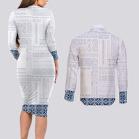 Samoa Siapo Blue Trimmed Couples Matching Long Sleeve Bodycon Dress and Long Sleeve Button Shirt Samoa White Sunday - Polynesian Pride