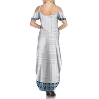 Samoa Siapo Blue Trimmed Family Matching Summer Maxi Dress and Hawaiian Shirt Samoa White Sunday - Polynesian Pride