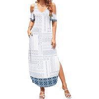 Samoa Siapo Blue Trimmed Summer Maxi Dress Samoa White Sunday - Polynesian Pride