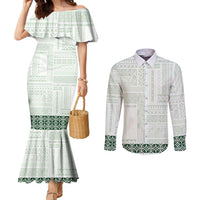 Samoa Siapo Green Trimmed Couples Matching Mermaid Dress and Long Sleeve Button Shirt Samoa White Sunday - Polynesian Pride
