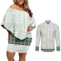 Samoa Siapo Green Trimmed Couples Matching Off Shoulder Short Dress and Long Sleeve Button Shirt Samoa White Sunday - Polynesian Pride