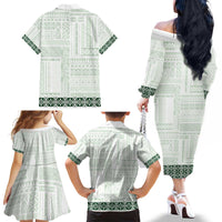 Samoa Siapo Green Trimmed Family Matching Off The Shoulder Long Sleeve Dress and Hawaiian Shirt Samoa White Sunday - Polynesian Pride