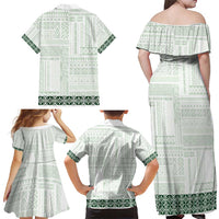 Samoa Siapo Green Trimmed Family Matching Off Shoulder Maxi Dress and Hawaiian Shirt Samoa White Sunday - Polynesian Pride
