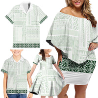 Samoa Siapo Green Trimmed Family Matching Off Shoulder Short Dress and Hawaiian Shirt Samoa White Sunday - Polynesian Pride