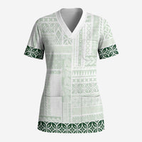 Samoa Siapo Green Trimmed Scrub Top Samoa White Sunday - Polynesian Pride