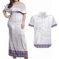 Samoa Siapo Purple Trimmed Couples Matching Off Shoulder Maxi Dress and Hawaiian Shirt Samoa White Sunday - Polynesian Pride