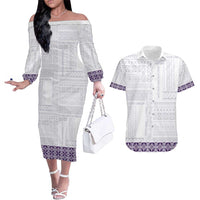 Samoa Siapo Purple Trimmed Couples Matching Off The Shoulder Long Sleeve Dress and Hawaiian Shirt Samoa White Sunday - Polynesian Pride