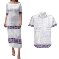Samoa Siapo Purple Trimmed Couples Matching Puletasi and Hawaiian Shirt Samoa White Sunday - Polynesian Pride