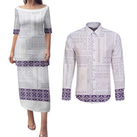 Samoa Siapo Purple Trimmed Couples Matching Puletasi and Long Sleeve Button Shirt Samoa White Sunday - Polynesian Pride