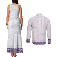 Samoa Siapo Purple Trimmed Couples Matching Tank Maxi Dress and Long Sleeve Button Shirt Samoa White Sunday - Polynesian Pride
